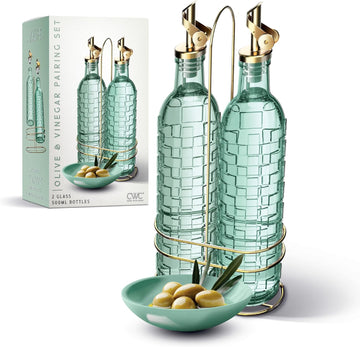 Glass Olive Oil Bottle Dispenser - 2 Pack- 17oz Oil and Vinegar Cruet - Olive Oil Carafe Decanter, Checkered, Green - Set of 2