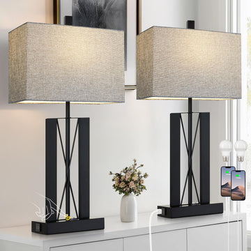 25" Table Lamps Set of 2, Modern Table Lamp with 2 USB Charging Ports, Nightstand Geometric Industrial Bedside Lamp