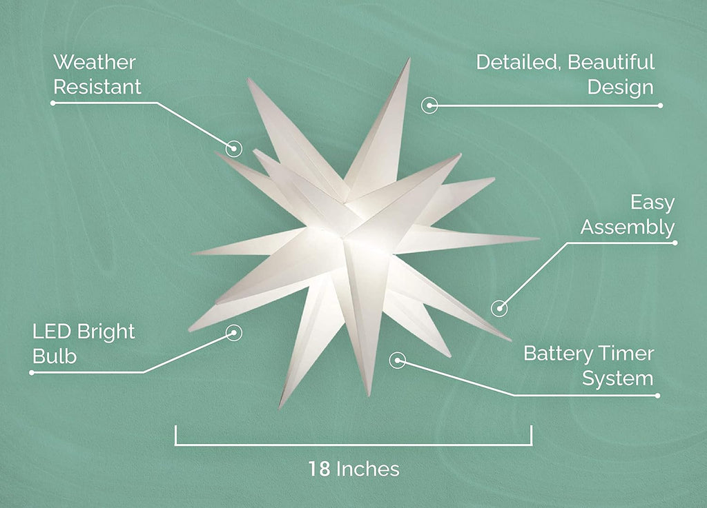 Large 18" Easy Assembly Warm White LED Moravian Star - Hanging Outdoor Christmas Light - Use as Holiday Decoration