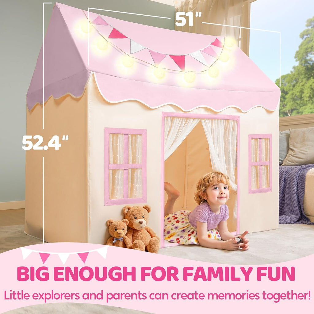 Play Tent for Kids,Indoor & Outdoor Tent with Blanket,LED Lights & Flags for Children,Spacious 51*35*52