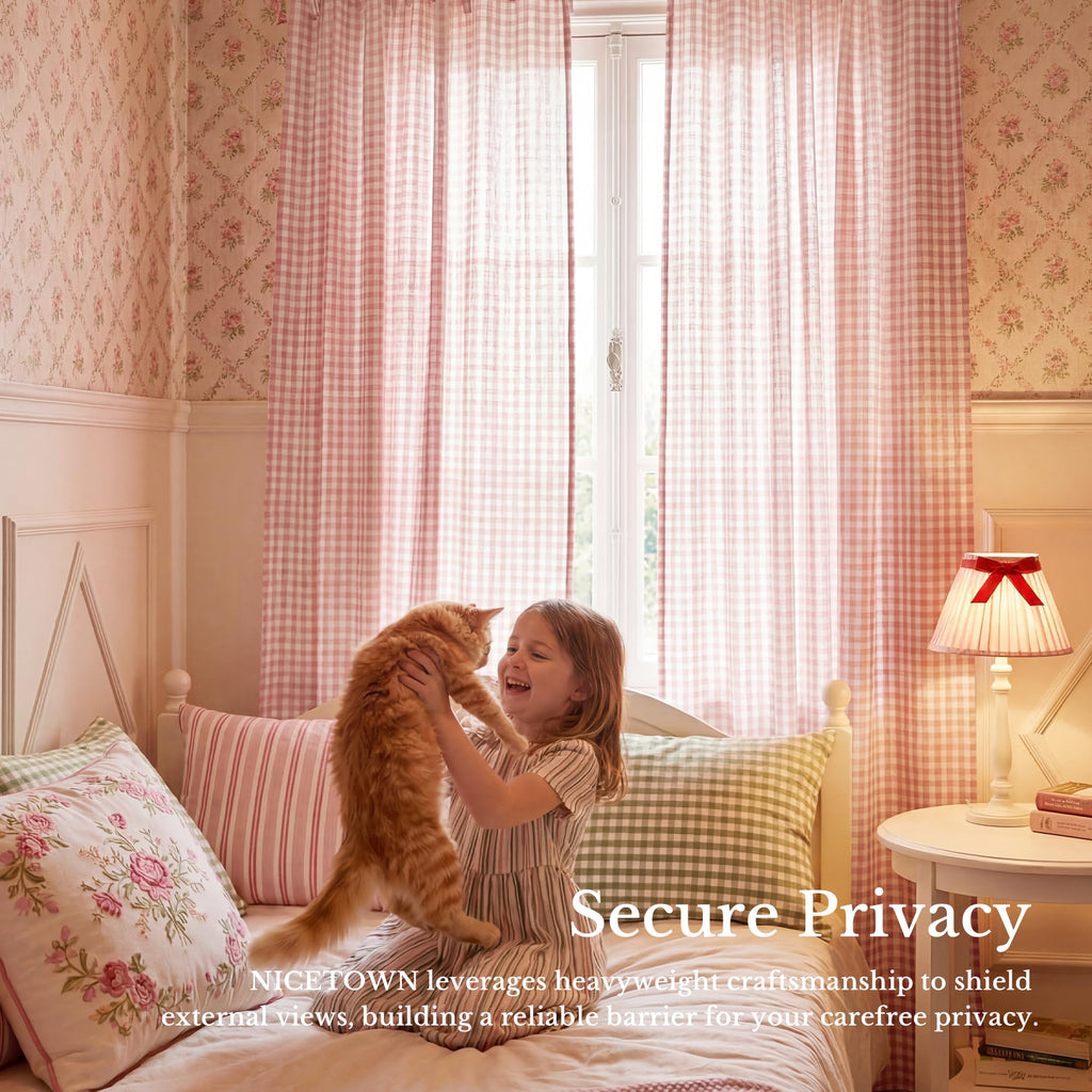 Rose Pink Plaid Curtains, Tie Top Bow Knot Checkered Girls Room Window Treatments, Coquette Room Decor Semi Sheer