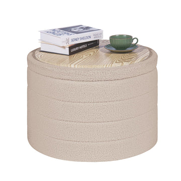 Large Round Folding Storage Ottoman, Beige Boucle Footstool