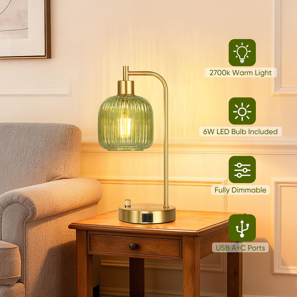 Green Glass Table Lamps Set of 2, Dimmable Bedside Lamps