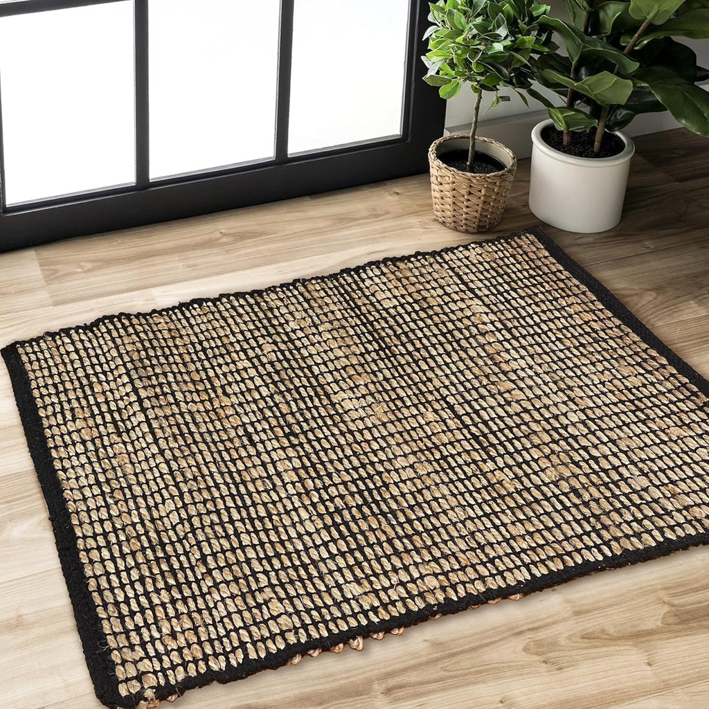 2x3 Jute Cotton Hand Woven Rug | Braided Doormat, Boho, Rustic, Natural Jute/Black | Farmhouse Vinta