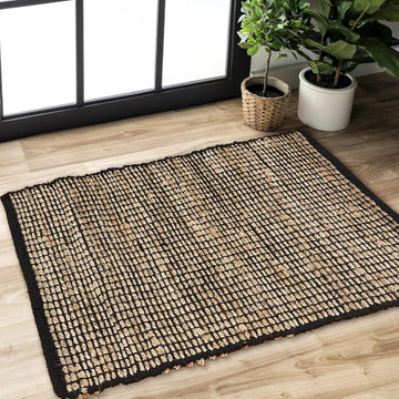 2x3 Jute Cotton Hand Woven Rug | Braided Doormat, Boho, Rustic, Natural Jute/Black | Farmhouse Vinta