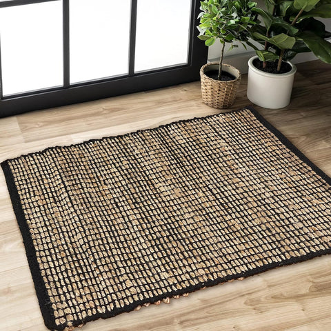 2x3 Jute Cotton Hand Woven Rug | Braided Doormat, Boho, Rustic, Natural Jute/Black | Farmhouse Vinta