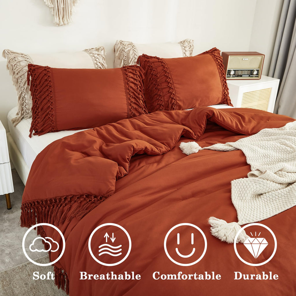 Terracotta Comforter Set King, 3 Pieces Boho Tassel Bedding