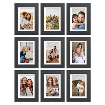 5x7 Picture Frame Set of 9, Photo Collage Wall Decor, Black Wood