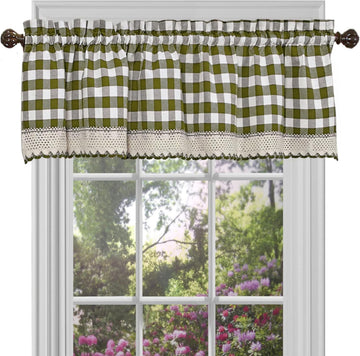 Buffalo Check Valance Curtains, 58 x 14 in, Sage Green & Ivory White Plaid