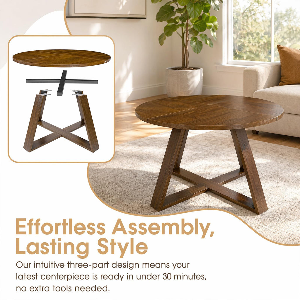 Round Coffee Table with Open Storage -Walnut Wood