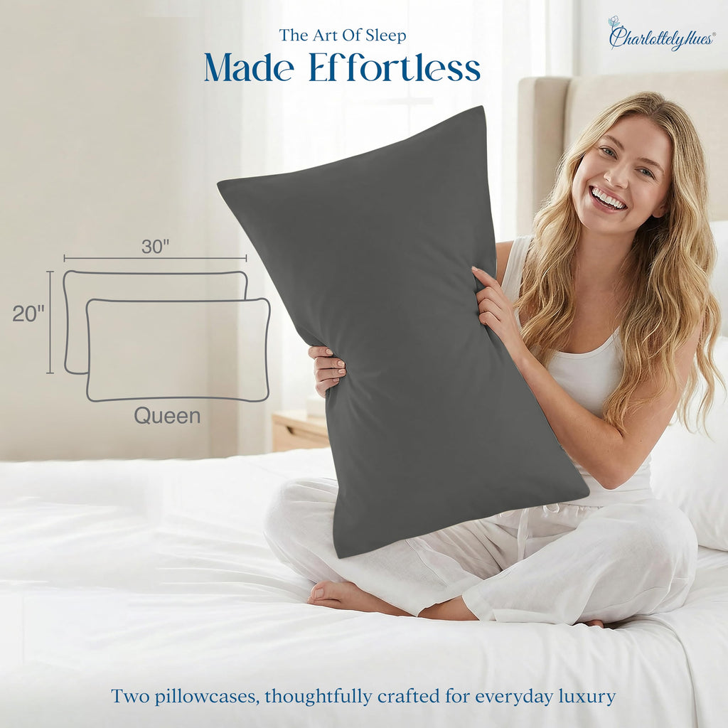Pillowcases Set of 2 100% Egyptian Cotton Queen (Dark Grey)