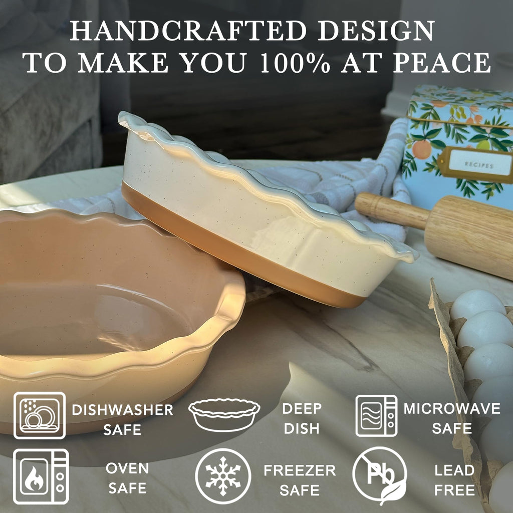 Ceramic Pie Pan for Baking - 9 inch - Deep and Fluted Pie Dish for Old Fashion Apple Pie, Quiche, Pot Pies, Tart, etc