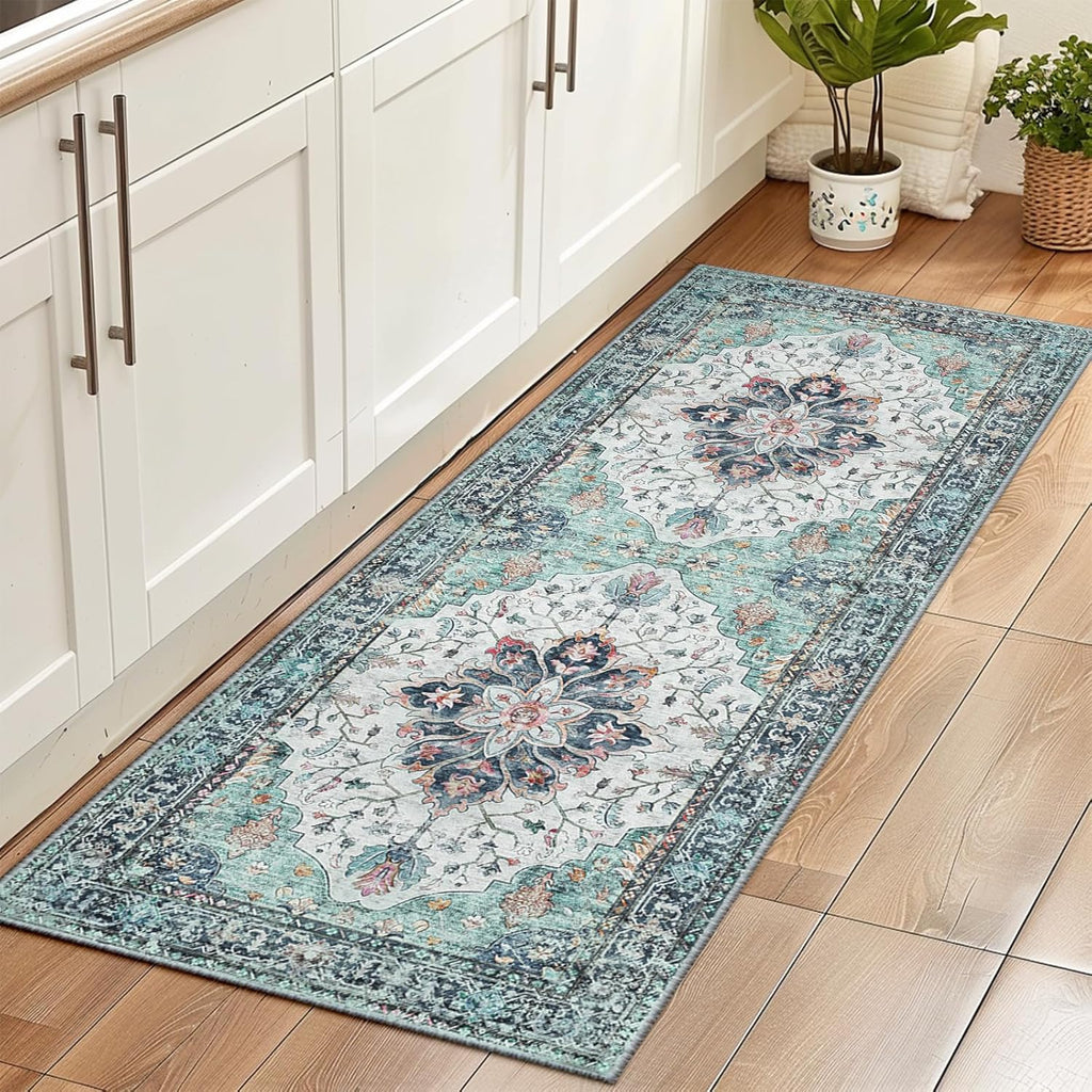 Area Rugs Washable Non-Slip, Floral Vintage Distress Print Pattern Medallion Carpet for Living Room Bedroom