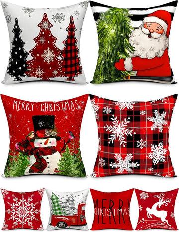 Double-Sided Print Christmas Pillow Covers 16''x16'', 8 Christmas Patterns Christmas Tree, Snowman - Set of 4