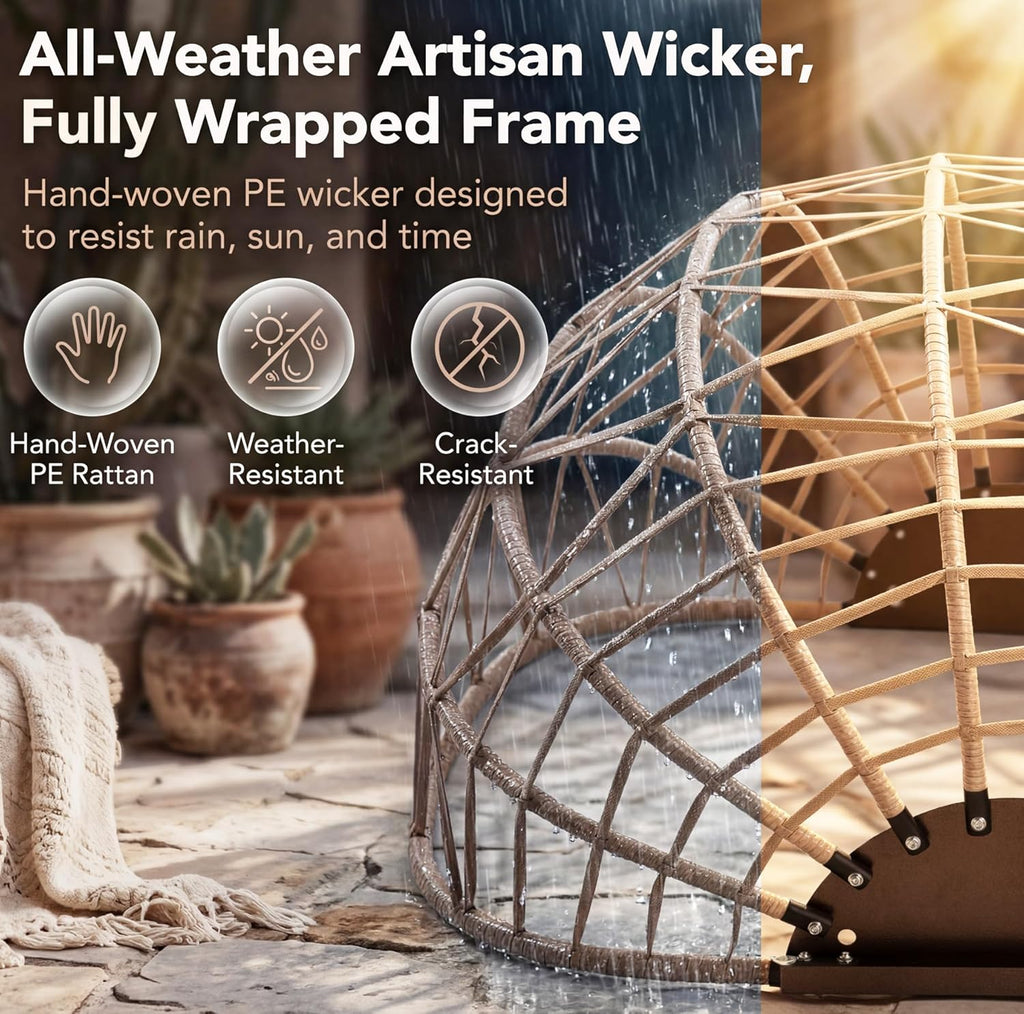 Double Egg Chair Outdoor Indoor, Oversized 2 Person Swing with Stand, All-Weather Large Wicker Hanging Loveseat