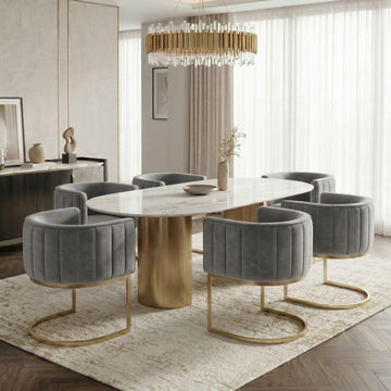 Grey and Gold Modern Barrel Dining Room Chairs Set of 6, Velvet Upholstered Accent Chairs with Curved Back Island