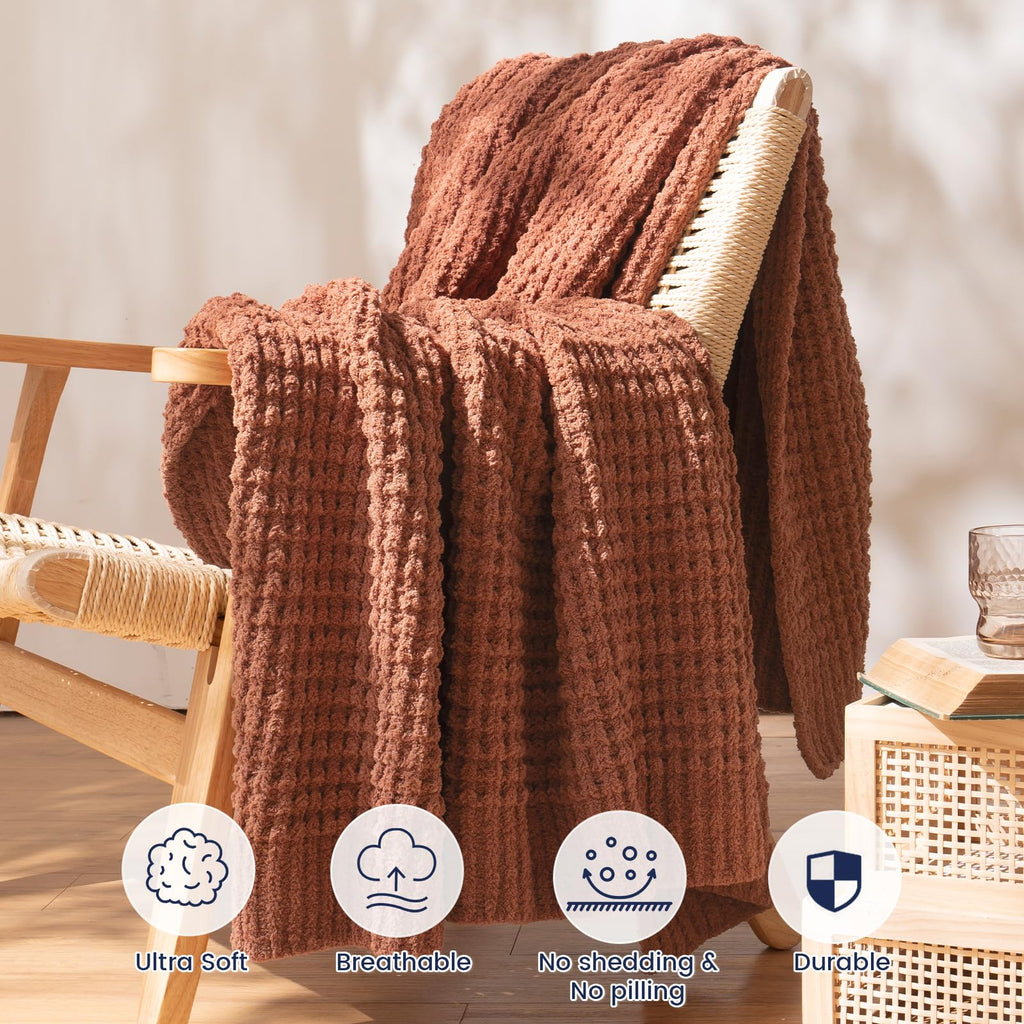 Soft Chenille Waffle Knit Throw Blanket for Sofa, Warm, Terracotta