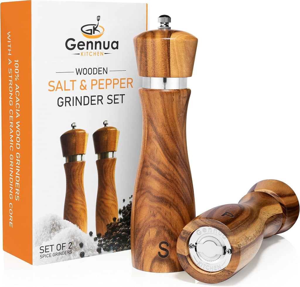 Wooden Salt and Pepper Grinder Set: Refillable Salt & Pepper Mills Adjust for Customized Coarseness, Crafted of Solid - Set of 2