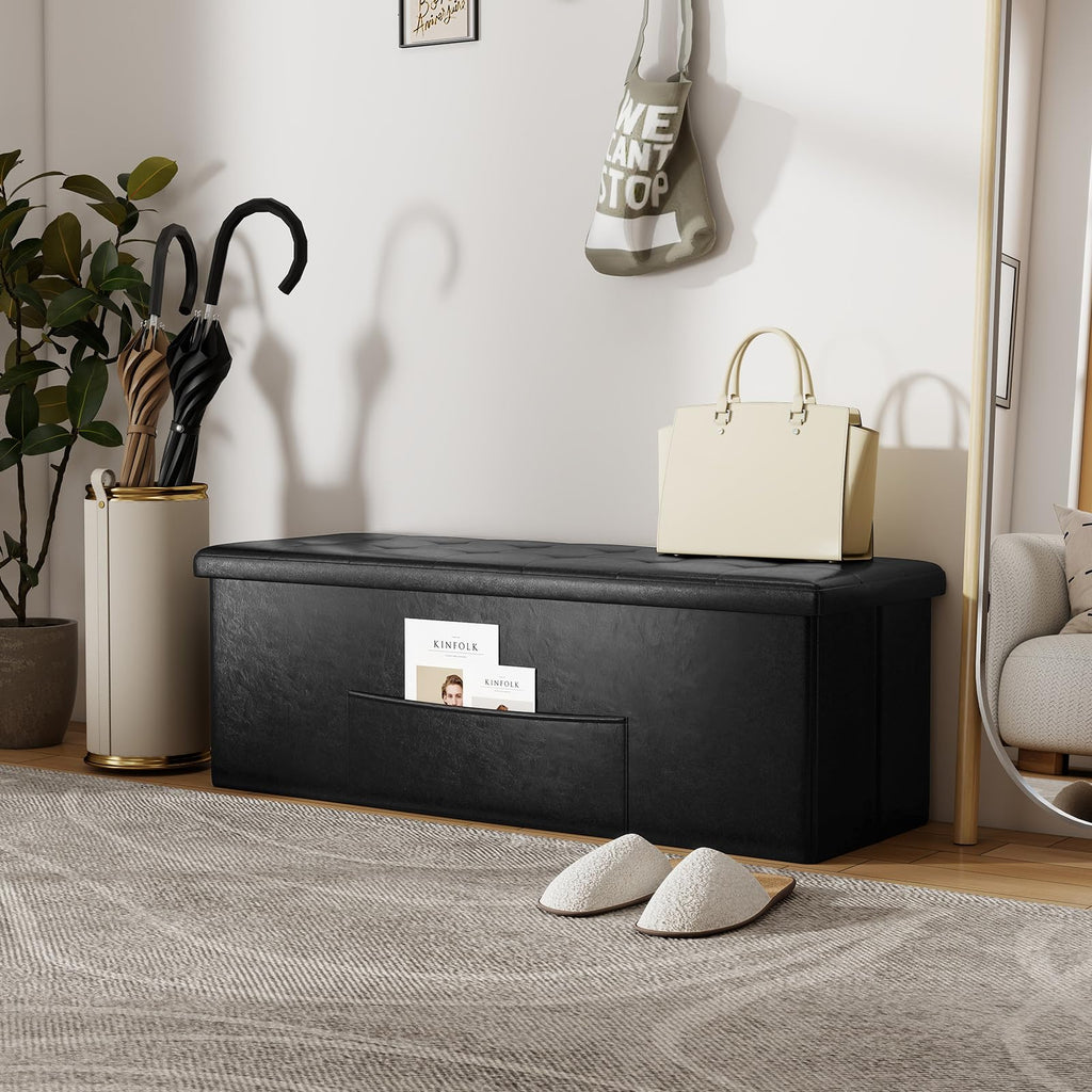 Folding Storage Ottoman Faux Leather Large Bench Foot Rest Pouffe Box Stool Seat Folding Storage Box, Black (Black)