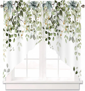 Sage Green Eucalyptus Swag Curtain Valance for Windows,Watercolor Leaves Window Treatments Short Swag Topper for Kitchen Windows Bathroom Bedroom,28 x 36 Inch, 1 Pair