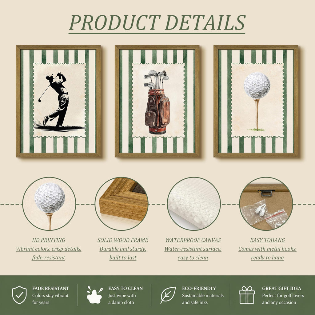 Vintage Golf Wall Art Set of 3 Canvas, Sports Framed Poster, Neutral Country Club Painting for Preppy Home Wall