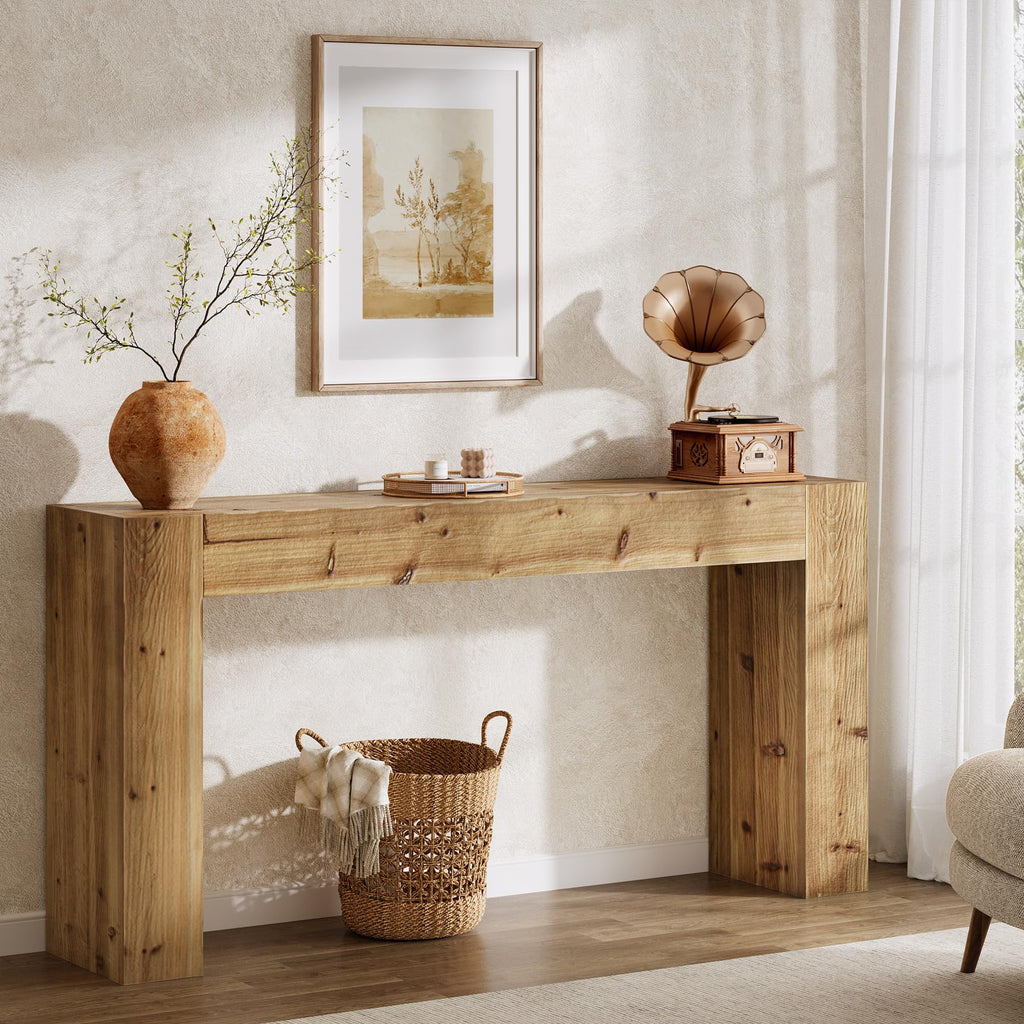 Solid Wood Console Table, 63-Inch Farmhouse Sofa Table Behind Couch, Foyer, Easy Assembly (Light Wood)