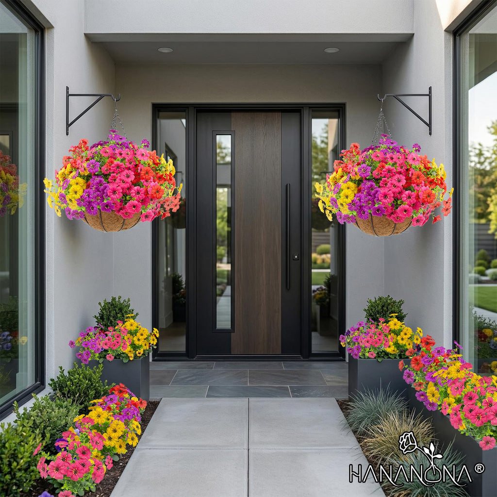 2 Set Artificial Outdoor Flowers with Hanging Basket, 2 Hanging Planters with 24 Pcs Flowers for Spring Summer Front