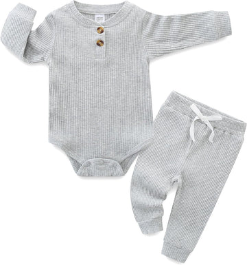 Newborn Baby Boy Girl Clothes Infant Ribbed Romper Cotton Long Sleeve Pant Sets for 0~ Infant