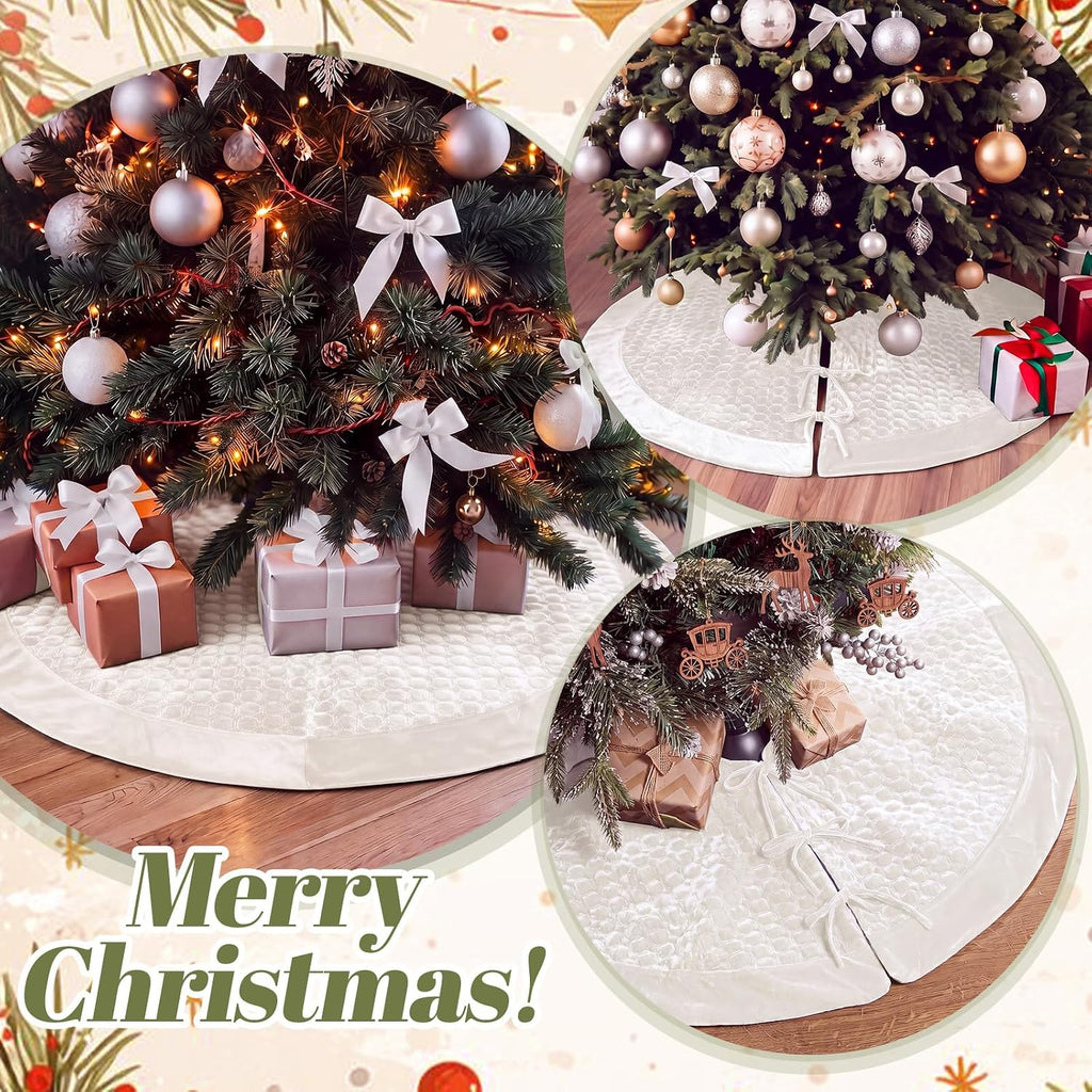 48 Inch Velvet Christmas Tree Skirt Quilted Tree Skirt, Cream