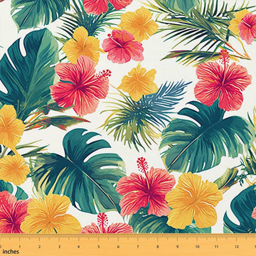 Tropical Leaves Fabric by The Yard, Summer Palm Leaves Flowers Polyester Fabric, Rustic Seaside Trees Plants Fabric