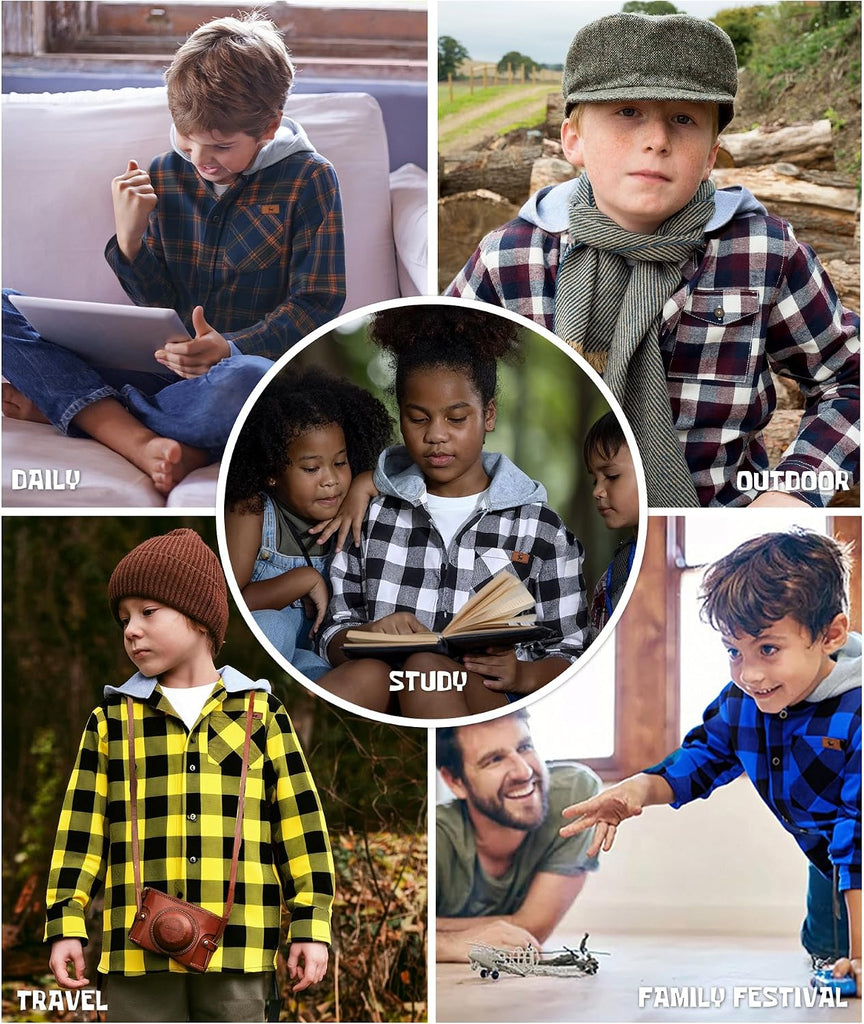 3 Pack Boys Girls Plaid Flannel Shirts Unisex Kids Long Sleeve Casual Button Down Shirts with Hood