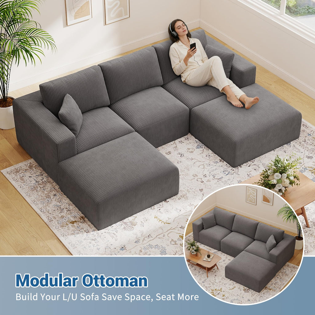 40" Oversized Square Corduroy Ottoman, Large Ottoman Pouf Footstool, Grey