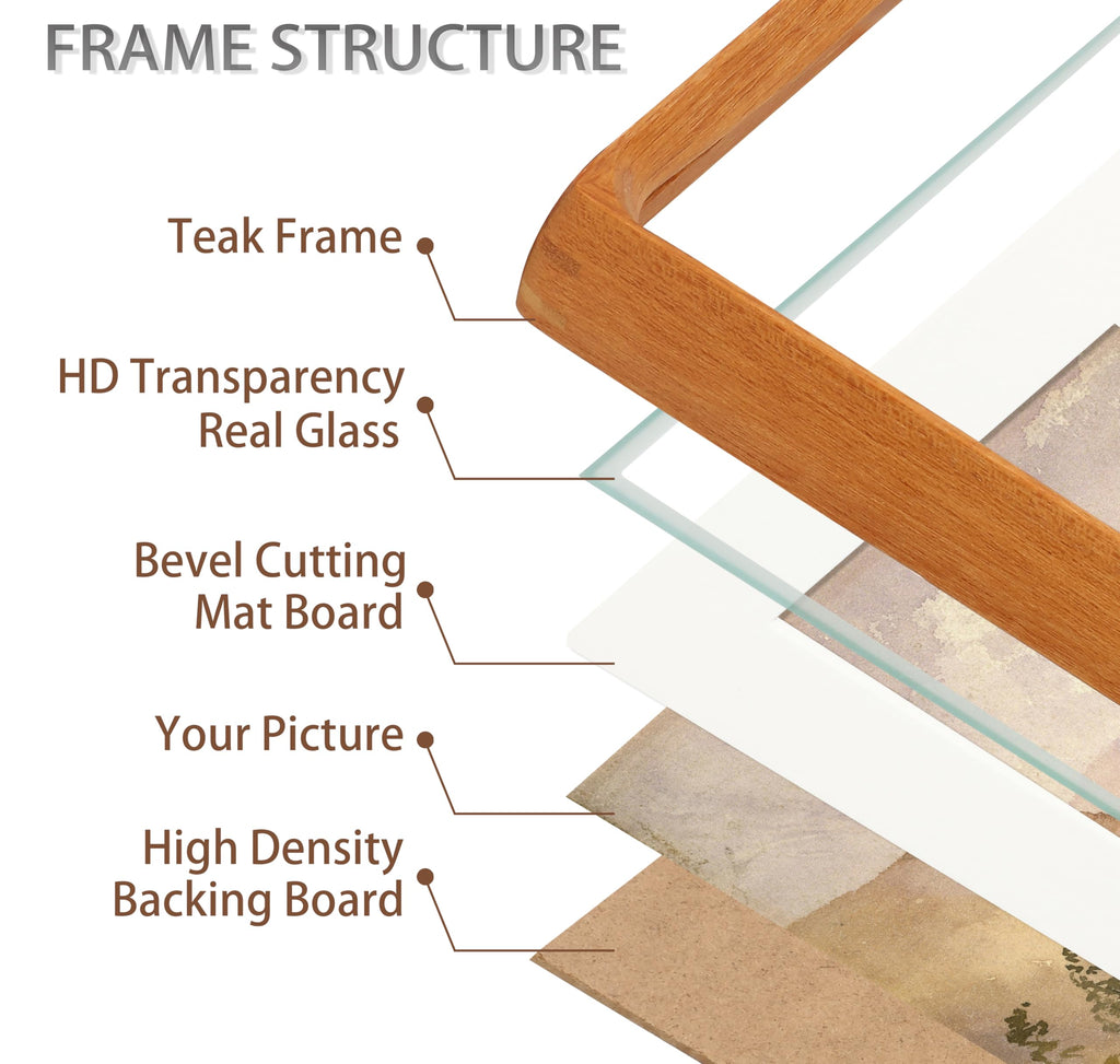 5x7 Picture Frame with Mat for 4x6, Natural Teak Wood Handcrafted Rounded Corner with Real Glass, Vertical or