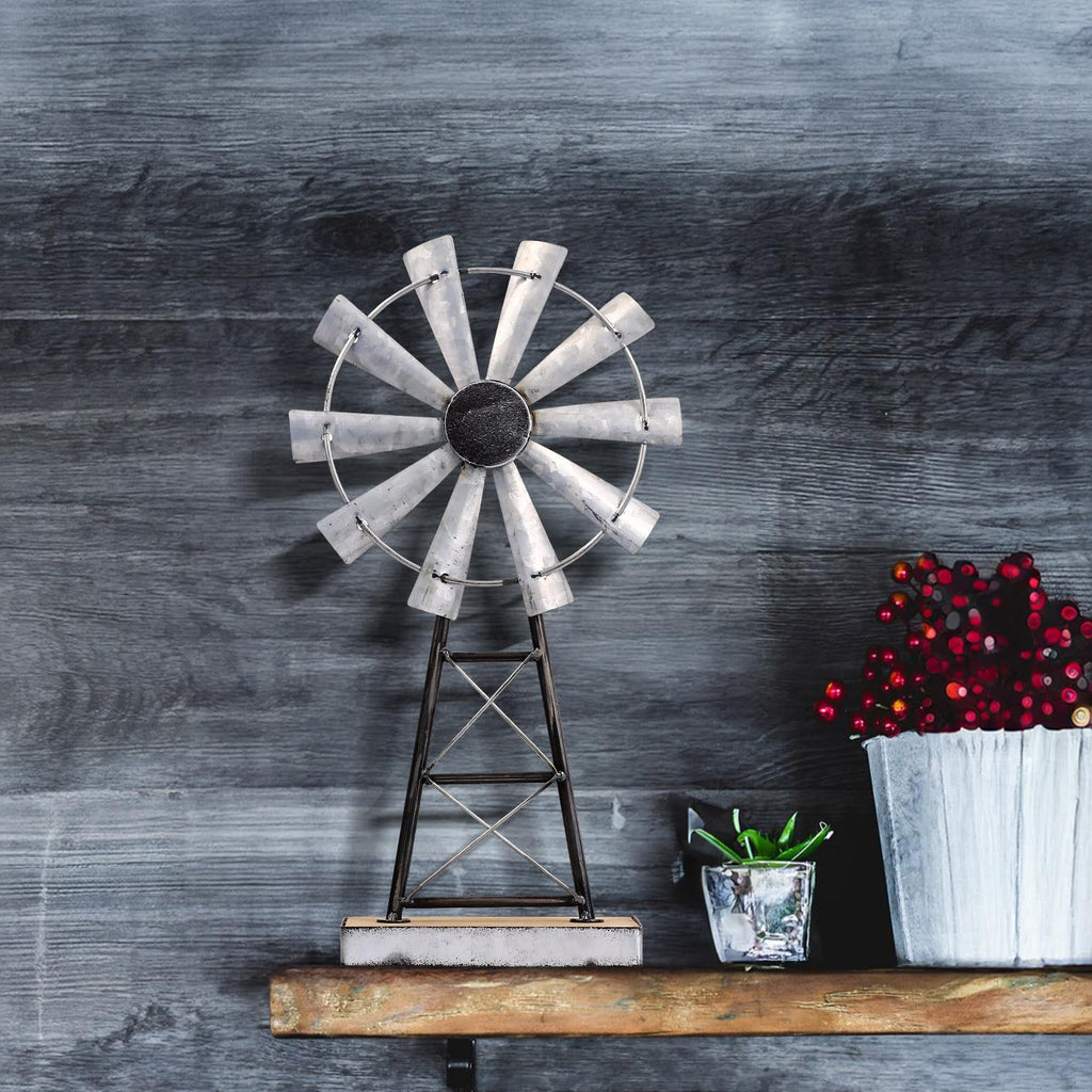 Charming Tall Galvanized Windmill Decor, Metal Windmill Accent for Farmhouse Shelf Decor and Living Room, Adding a