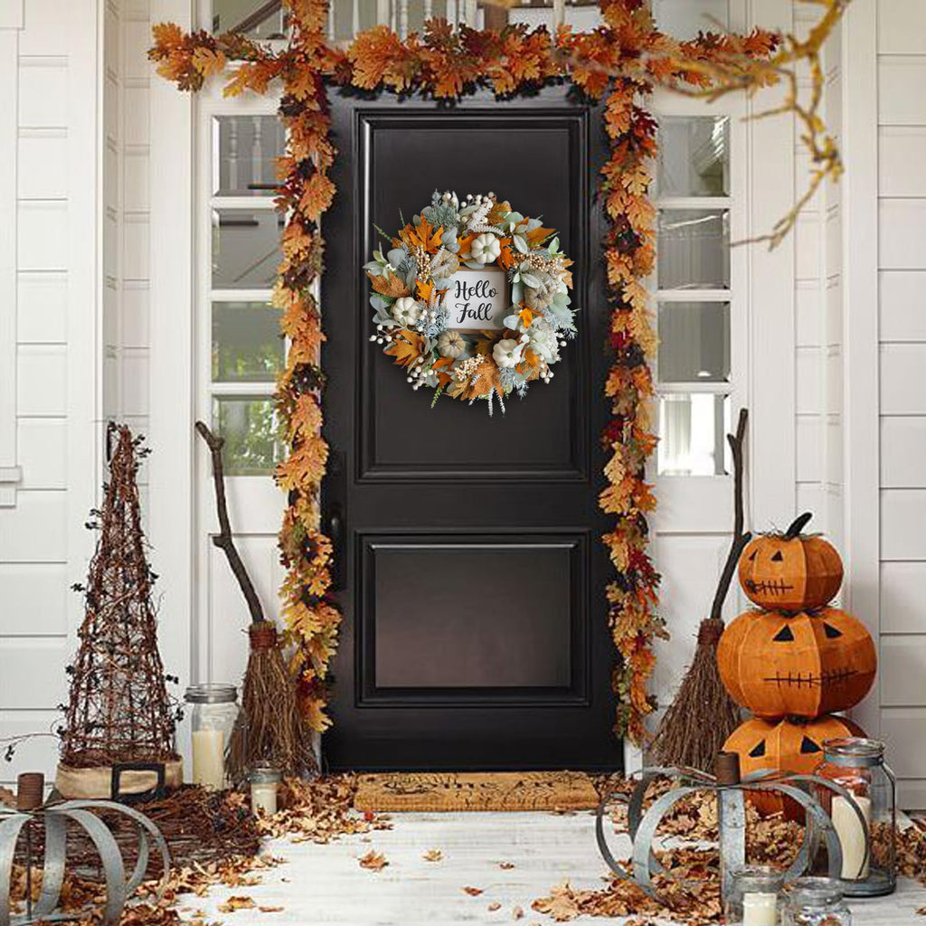 20" Harvest Fall Wreath for Front Door, Pumpkins Berries Autumn Wreaths