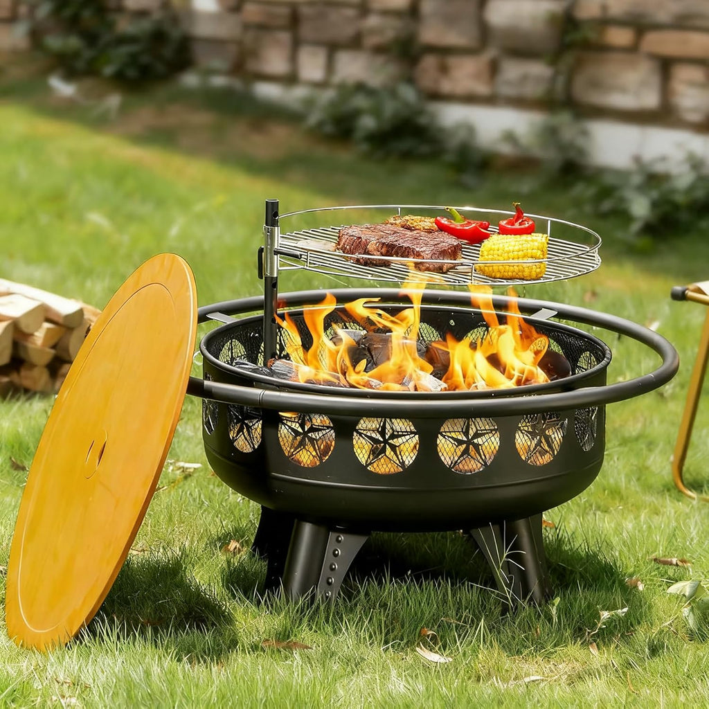 32 Inch Fire Pit with Swivel Cooking Grate,3-in-1 Wood Burning Firepit with Grill,Outdoor Fire Pits Table with Metal