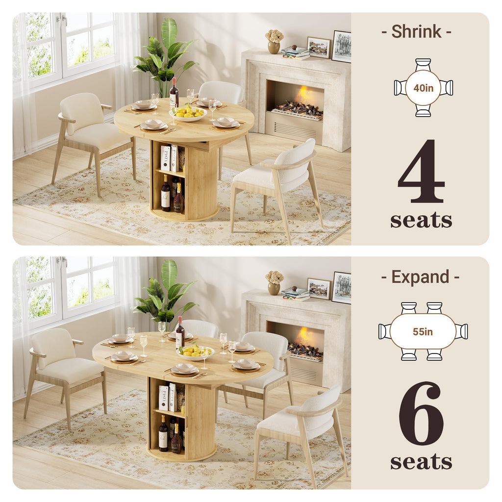 40''-55'' Extendable Round to Oval Dining Table with Storage for 4-6, Expandable Pedestal Transformer Dining Table