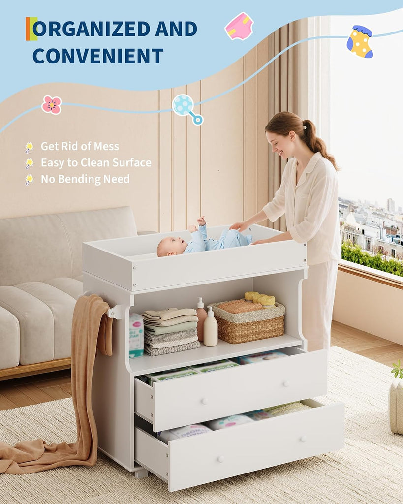Baby Changing Table with Drawer and Storage Shelves | Heavy Duty Diaper Station, White Wooden Changing Table with