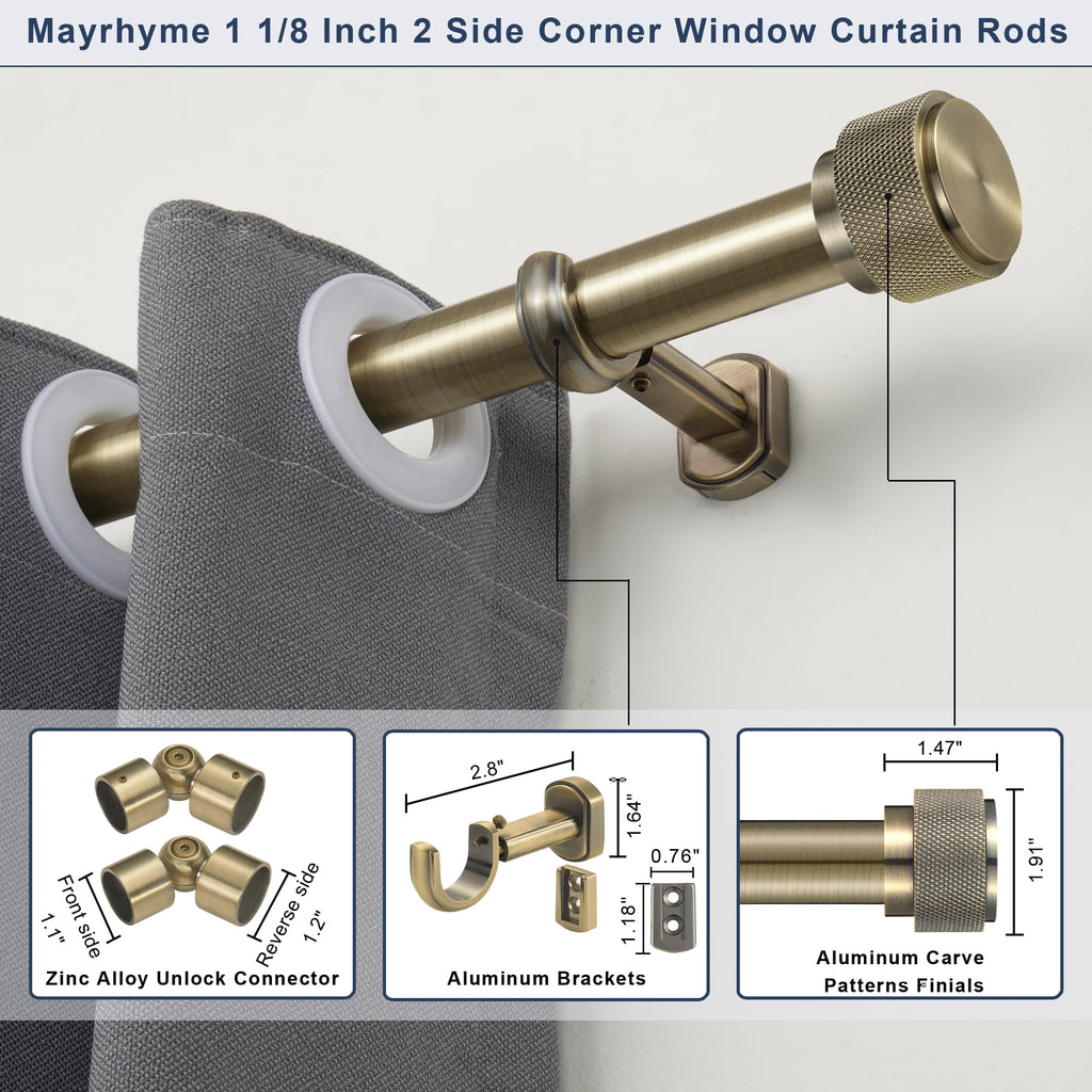 1-1/8 Inch Corner Curtain Rod for Windows - Telescoping Bay Window Curtain Rods - Solid Aluminum Finials - Adjustable