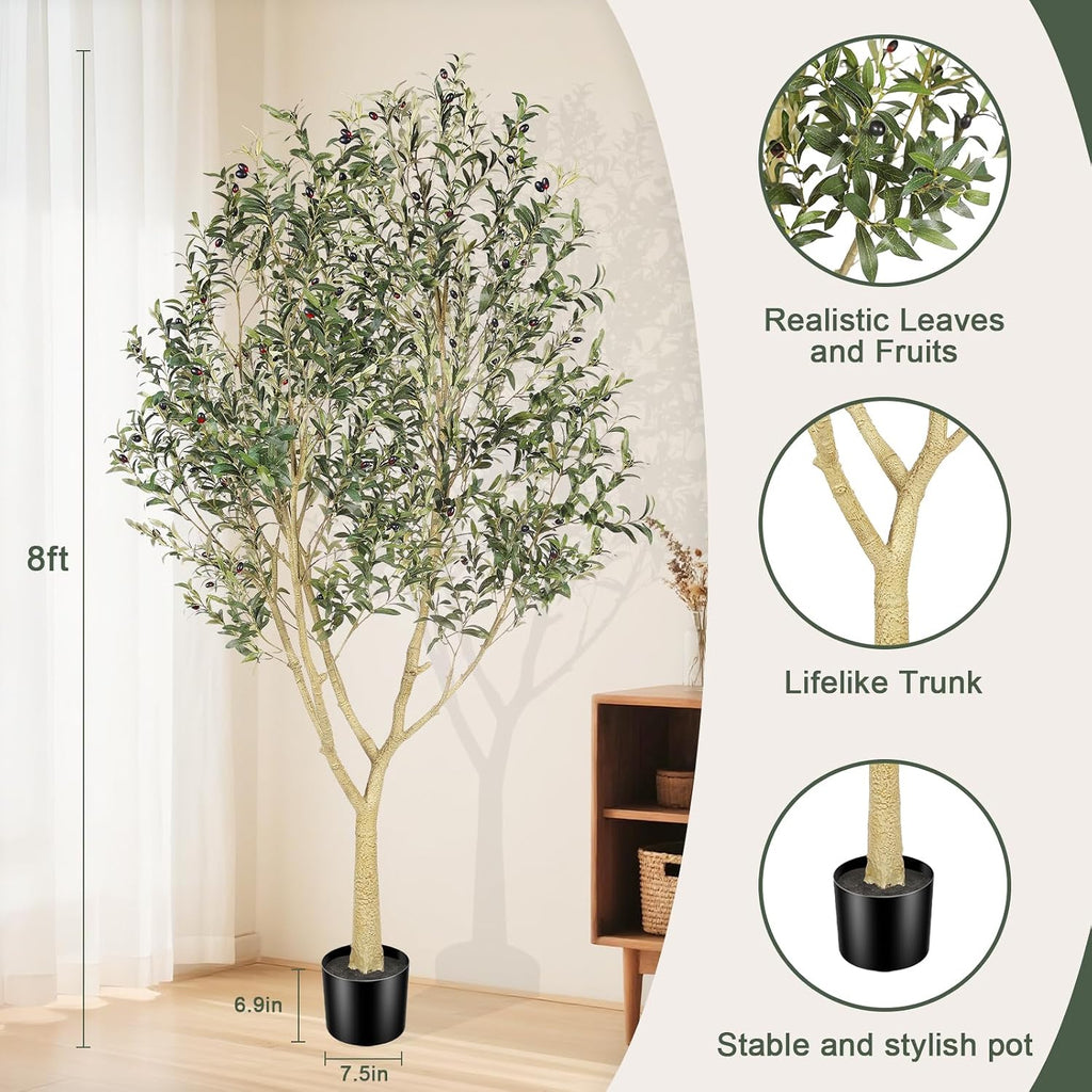 Olive Trees Artificial Indoor, 8ft Tall Faux Olive Tree with Natural Branches and Realistic Leaves, Artificial Olive