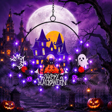 Halloween Decorations Fall Lit Ghost Wreath Twinkling Pumpkins for Front Door Light Up Haunted House Wreath with Bats - Set of 30