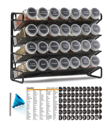 Spice Rack Organizer with 28 Spice Jars, 386 Spice Labels, Chalk Marker and Funnel Set for Cabinet, Countertop
