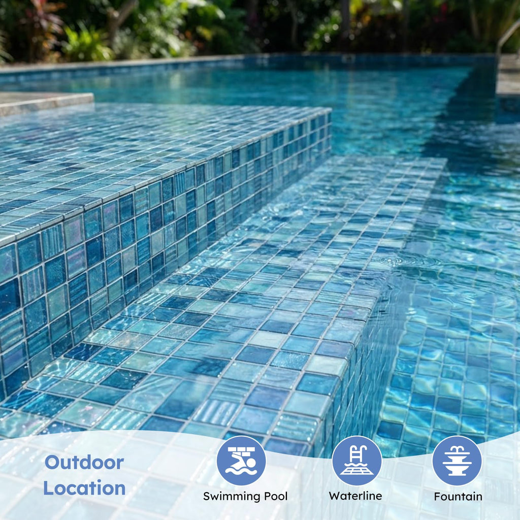 Pool Glass Mosaic Tiles, Iridescent Aqua, 1 Inch Sqaure, 5 Sheets