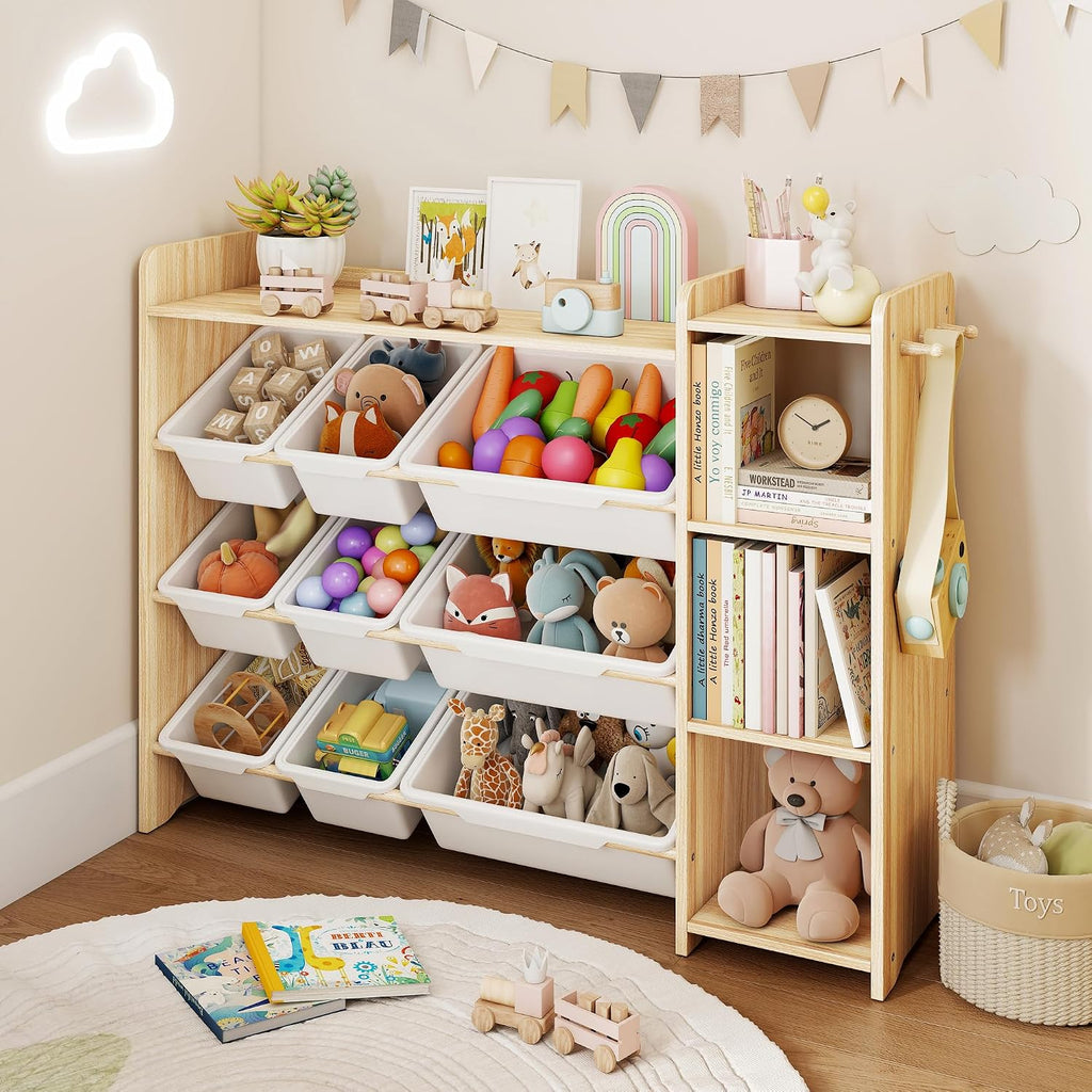 Toy Storage Organizer with Bookshelf, Kids Toy Storage and Organizers with 3 Shelves/9 Bins/3 Hooks, Bin Shelf, Toy