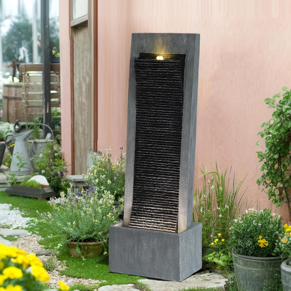 49.6" H Modern Curved Faux Slate Waterfall Fountain, Outdoor Freestanding Fountains with LED Lights and Pump