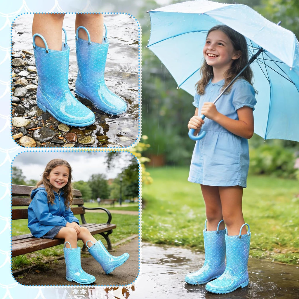 Toddler Rain Boots For Girls Waterproof Rainboots Little Girls Glitter Unicorn Rain Boots For Kids With Easy-On