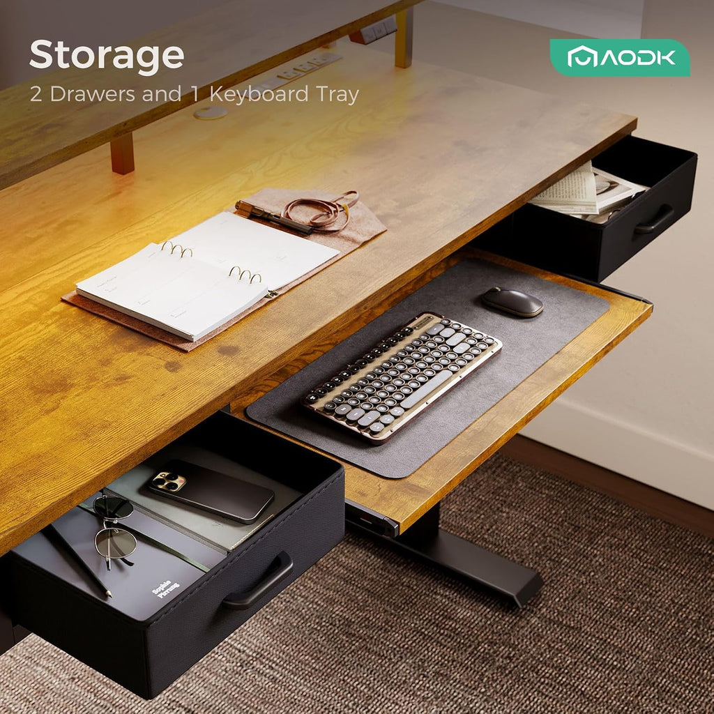 55 Inch Standing Desk with Drawers & Keyboard Tray, Rustic Brown | Power Outlet, LED Lights, Monitor Stand, Cable