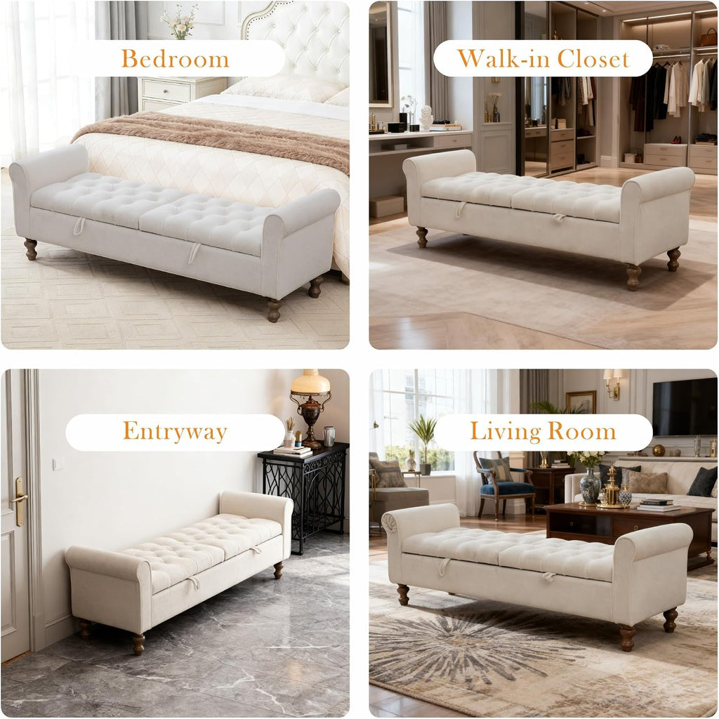 65.7" W Large Storage Ottoman Bench, King Size End of Bed Storage Bench with Wood Legs, Upholstered Window Bench