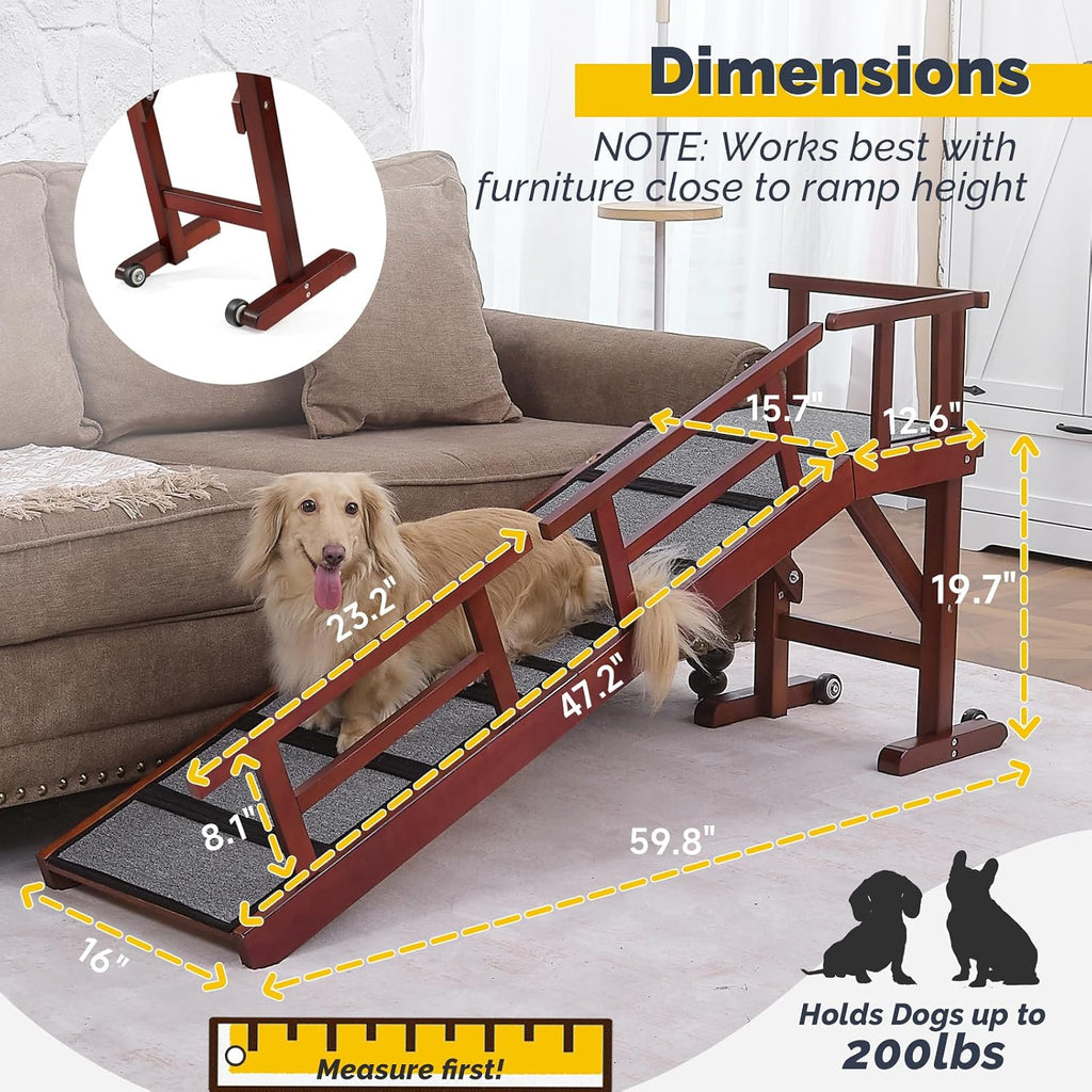 Dog Ramp for Bed or Couch, Wooden Pet Ramp with 20° Gentle Slope, Removable Side Rails, Non-Slip Surface, Top