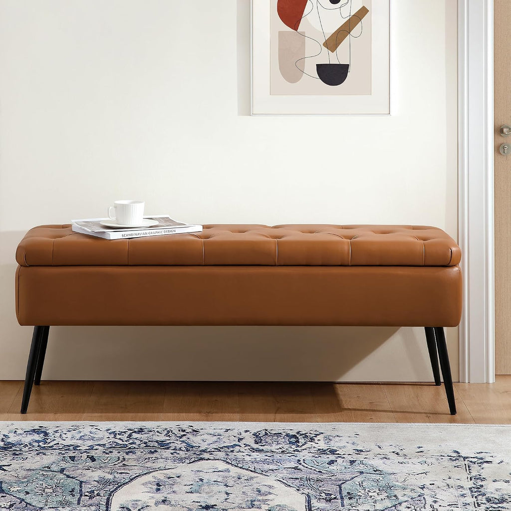 Leather Storage Ottoman Bench, End of Bed Bench with Steel Legs | Brown Leather Button Tufted Design | 660 lb